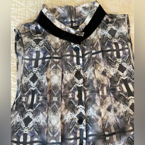 theyskens’ theory Velvet Trim Print Gathered Silk Sleeveless Dasha Dress Size 4 - Picture 2 of 6